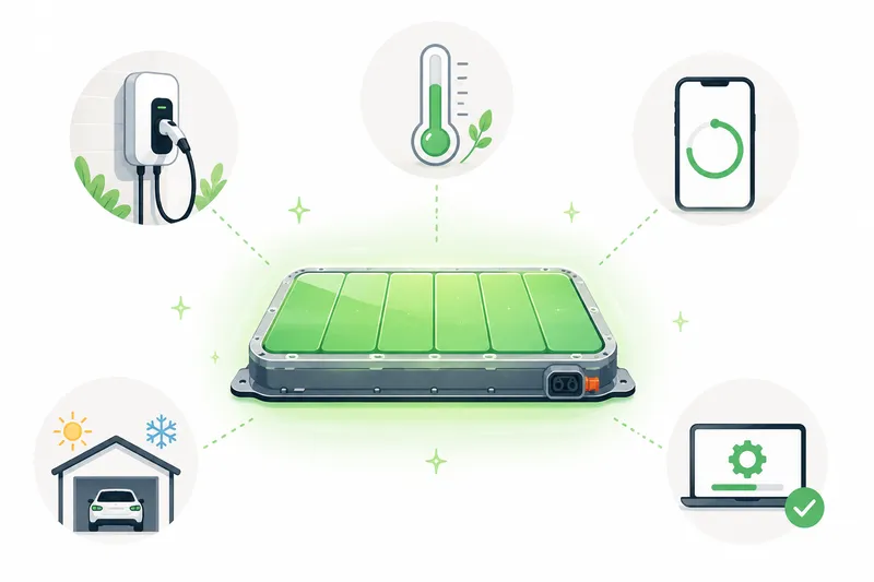 Five best practices for EV battery longevity: home charging, preconditioning, charge limits, software updates, and garage parking