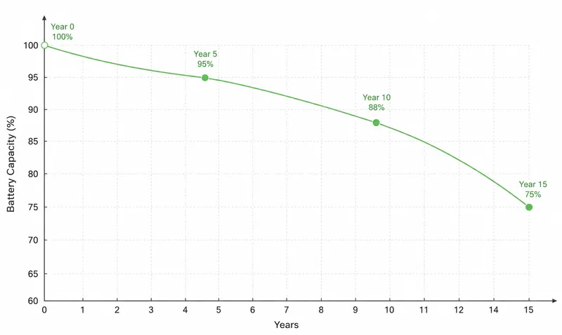 EV battery degradation curve over 15 years showing gradual capacity loss from 100% to ~75%