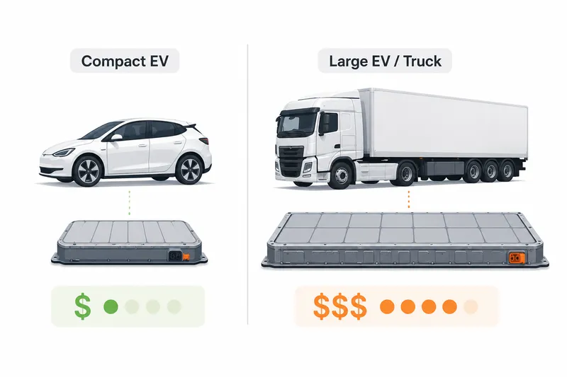Battery replacement cost comparison: compact EV $6k-$10k versus large EV/truck $12k-$20k+