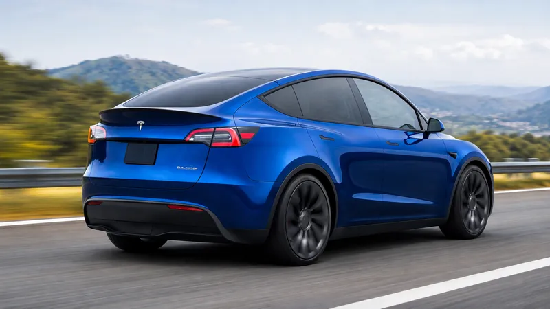 Tesla Model Y in white, front three-quarter view