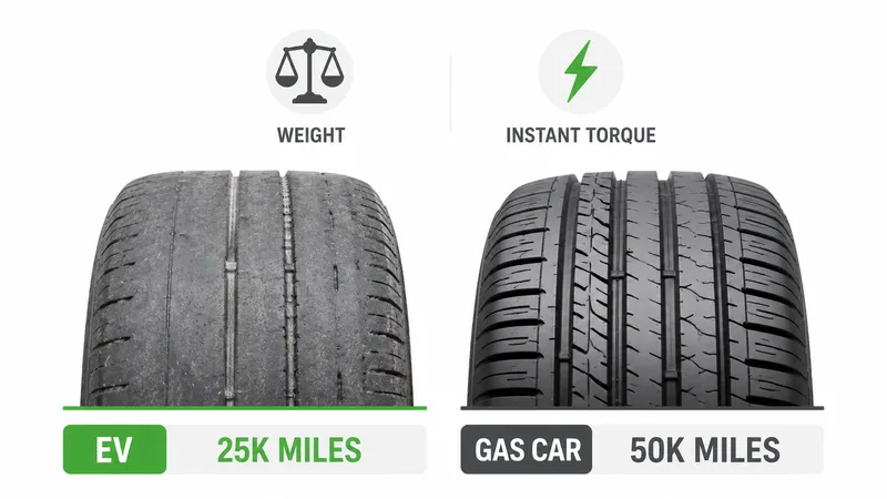 EV tire wear comparison: worn tire at 25k miles versus gas car tire at 50k miles