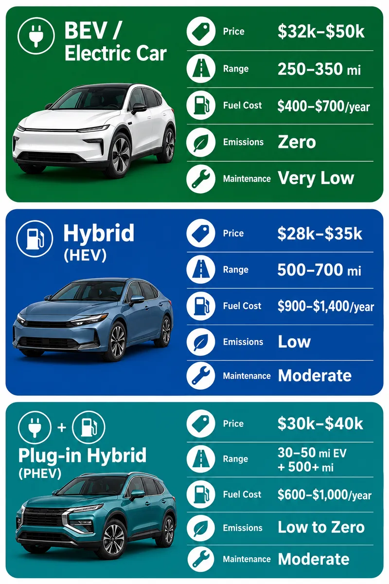 Vertical comparison chart: Electric Car (BEV) vs Hybrid (HEV) vs Plug-in Hybrid (PHEV) on price, range, fuel cost, emissions, and maintenance