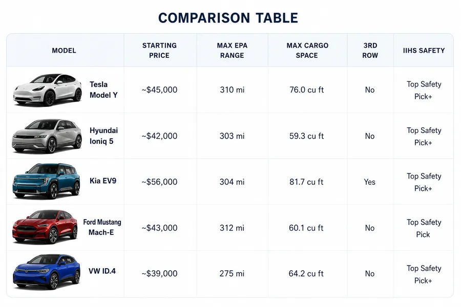 Comparison chart of top 5 family electric SUVs: Tesla Model Y, Hyundai Ioniq 5, Kia EV9, Ford Mustang Mach-E, and VW ID.4