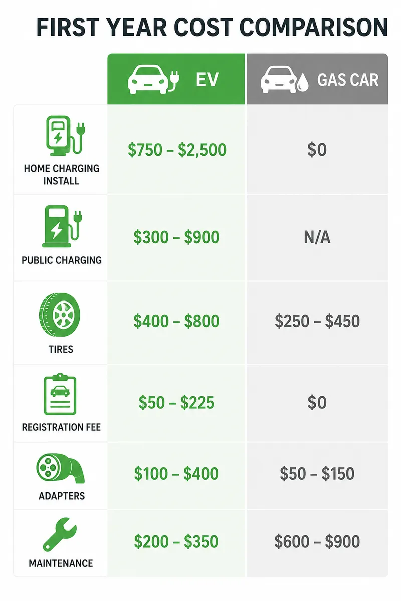 First-year cost comparison: EV versus gas car across 6 expense categories