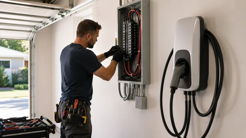 Electrician installing a 240V Level 2 EV charger in a residential garage