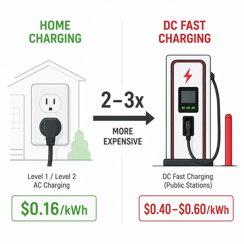 Comparison: home charging at $0.16/kWh versus public DC fast charging at $0.40-$0.60/kWh